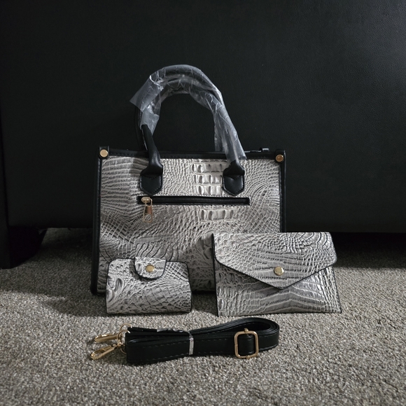 Elegant Crocodile Pattern Handbag Set - Black and Gray - Picture 2 of 7